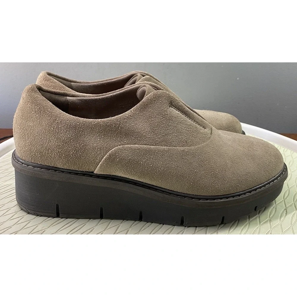 Clarks Airabell Sky Womens Wedge Loafers Beige Suede Leather Slip On Shoes 9.5 M